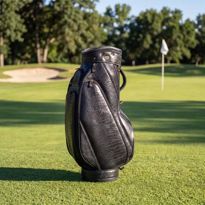 A black leather golf bag with textured crocodile-pattern panels stands on a green golf course, with trees and a flag in the background.