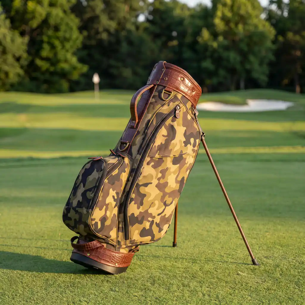 A golf stand bag with a brown and tan camouflage pattern and brown leather trim, standing on a golf course green with its leg extended.