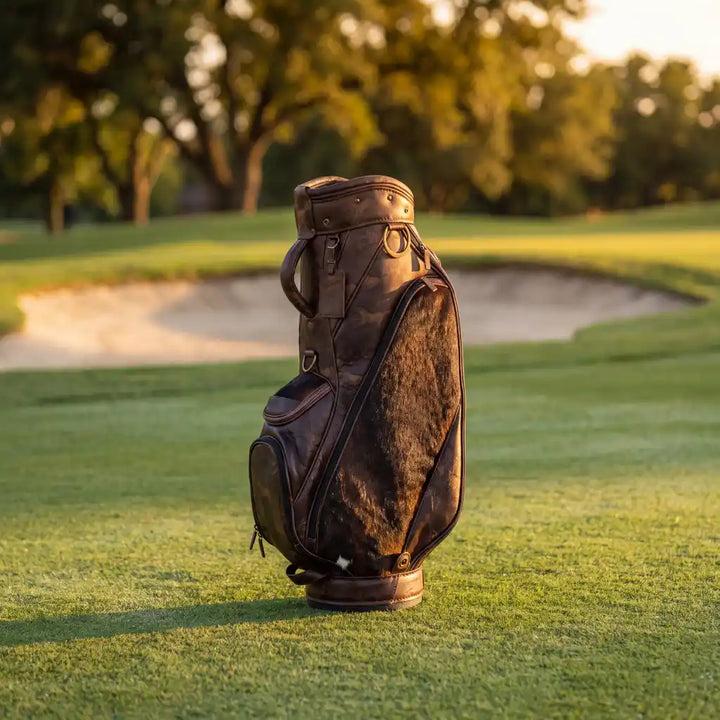A dark brown leather golf bag standing upright on a green golf course grass with a sand bunker and trees blurred in the background.