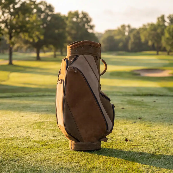 A brown and beige leather golf bag standing upright on a sunlit golf course grass, with blurred trees and fairways in the background.