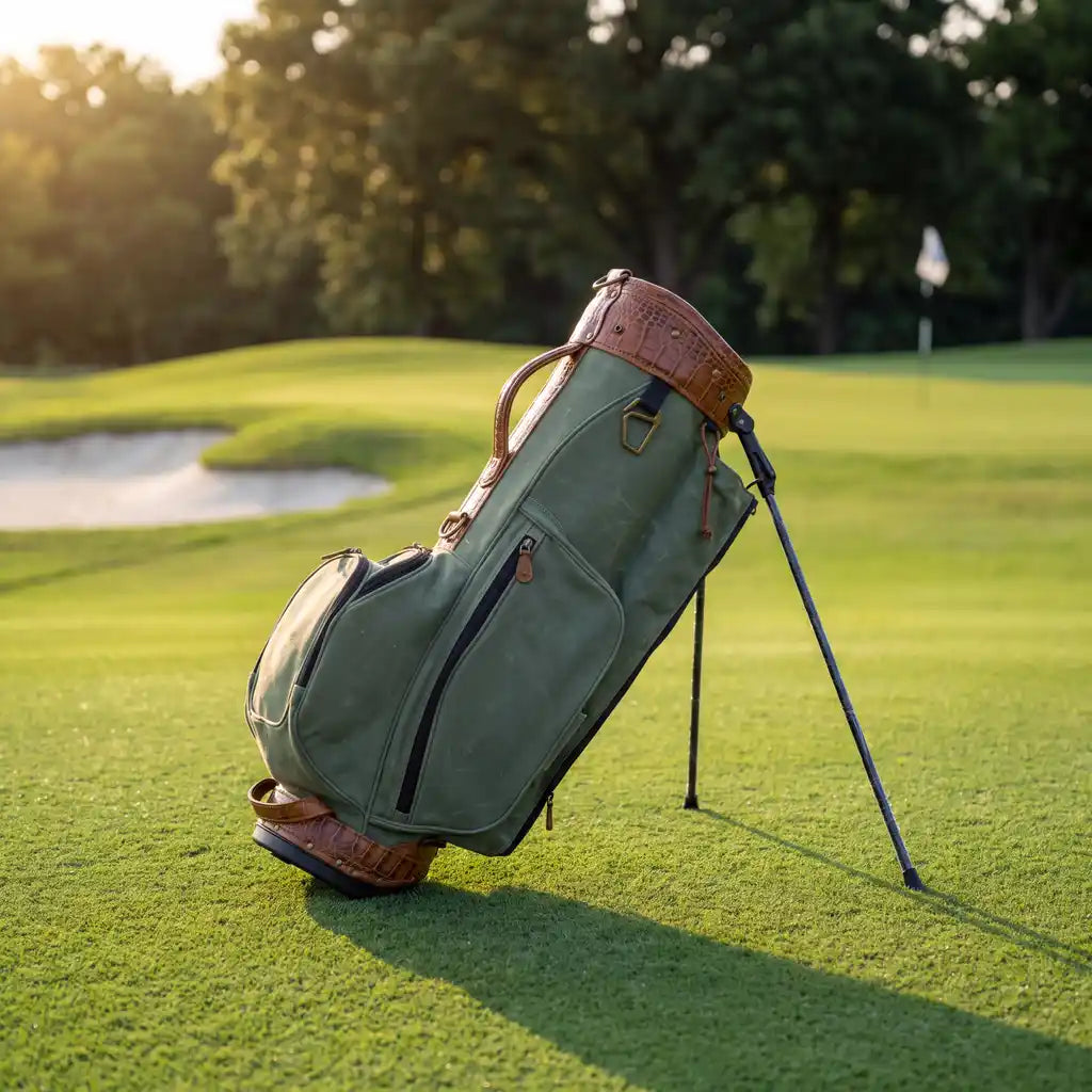 An olive green stand golf bag with brown leather trim and black zippers, standing on a sunny golf course green.
