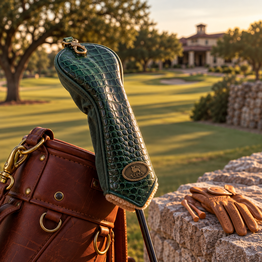 A green crocodile-embossed golf club headcover resting on a brown leather golf bag, with a pair of tan leather gloves on a stone wall and a blurred golf course in the background.