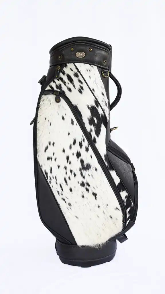 Midnight Ranch Leather Golf Bag with black leather, black-and-white hair-on-hide panels, and premium Western detailing.
