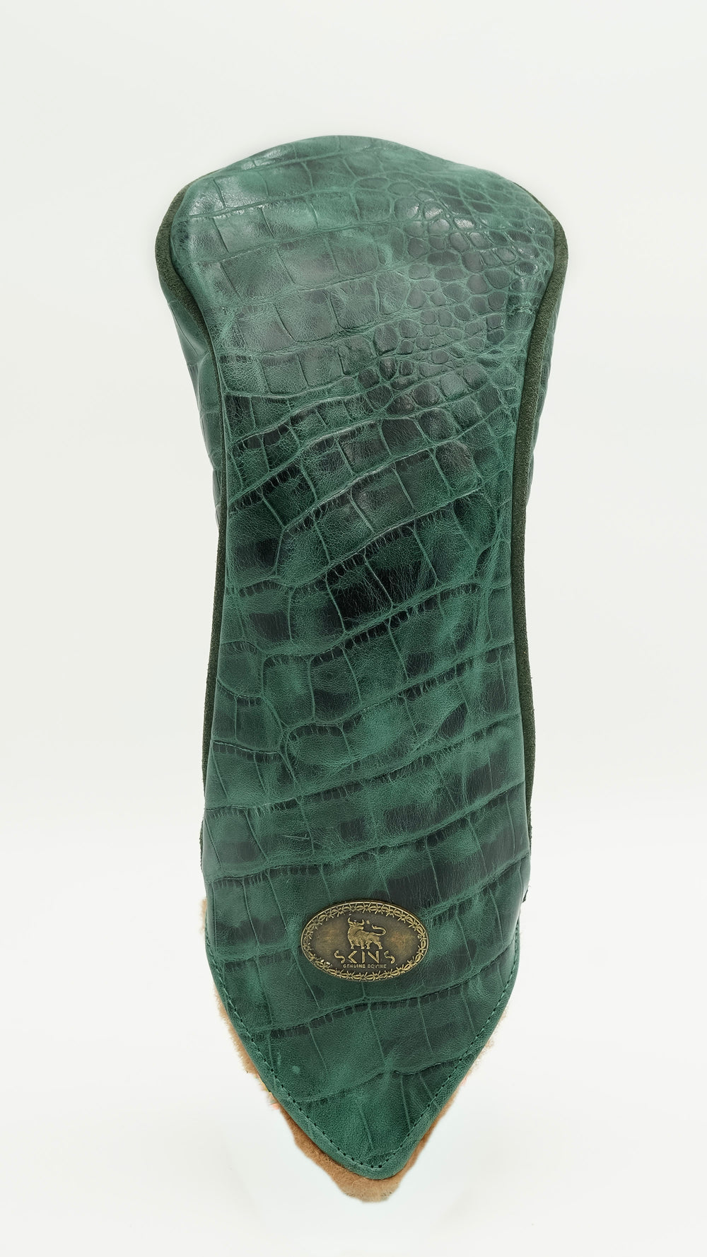 A green crocodile-embossed leather golf club headcover with a pointed tip and a gold-toned circular logo badge near the base, shown against a plain white background.