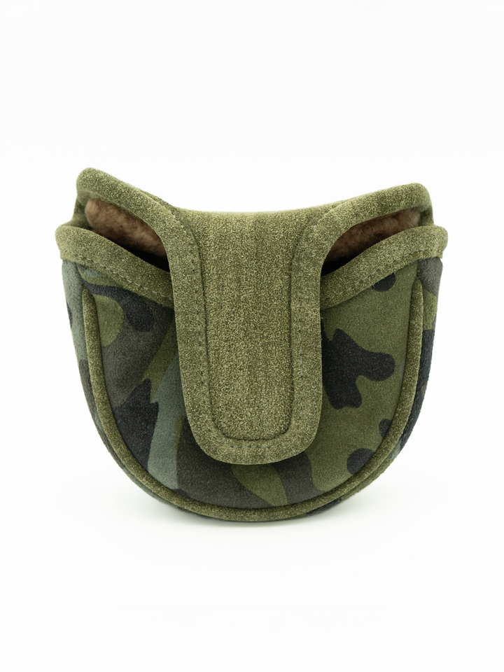 A green camouflage fleece pouch with a solid olive green flap, photographed against a plain white background.