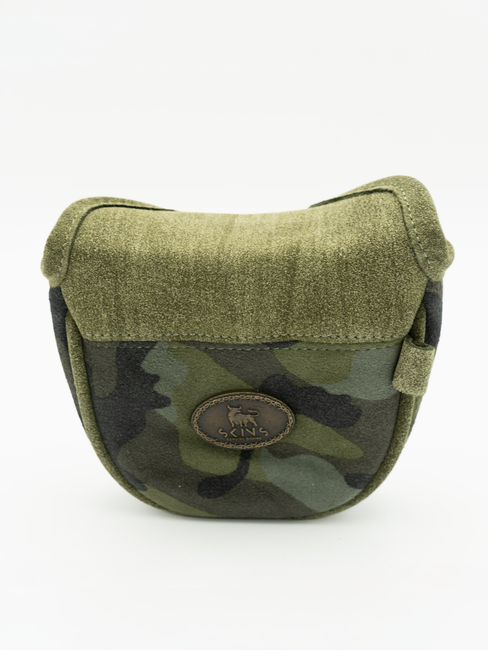 An olive green and black camouflage shoulder bag with a textured fabric flap and a circular brown logo patch on the front, set against a plain white background.
