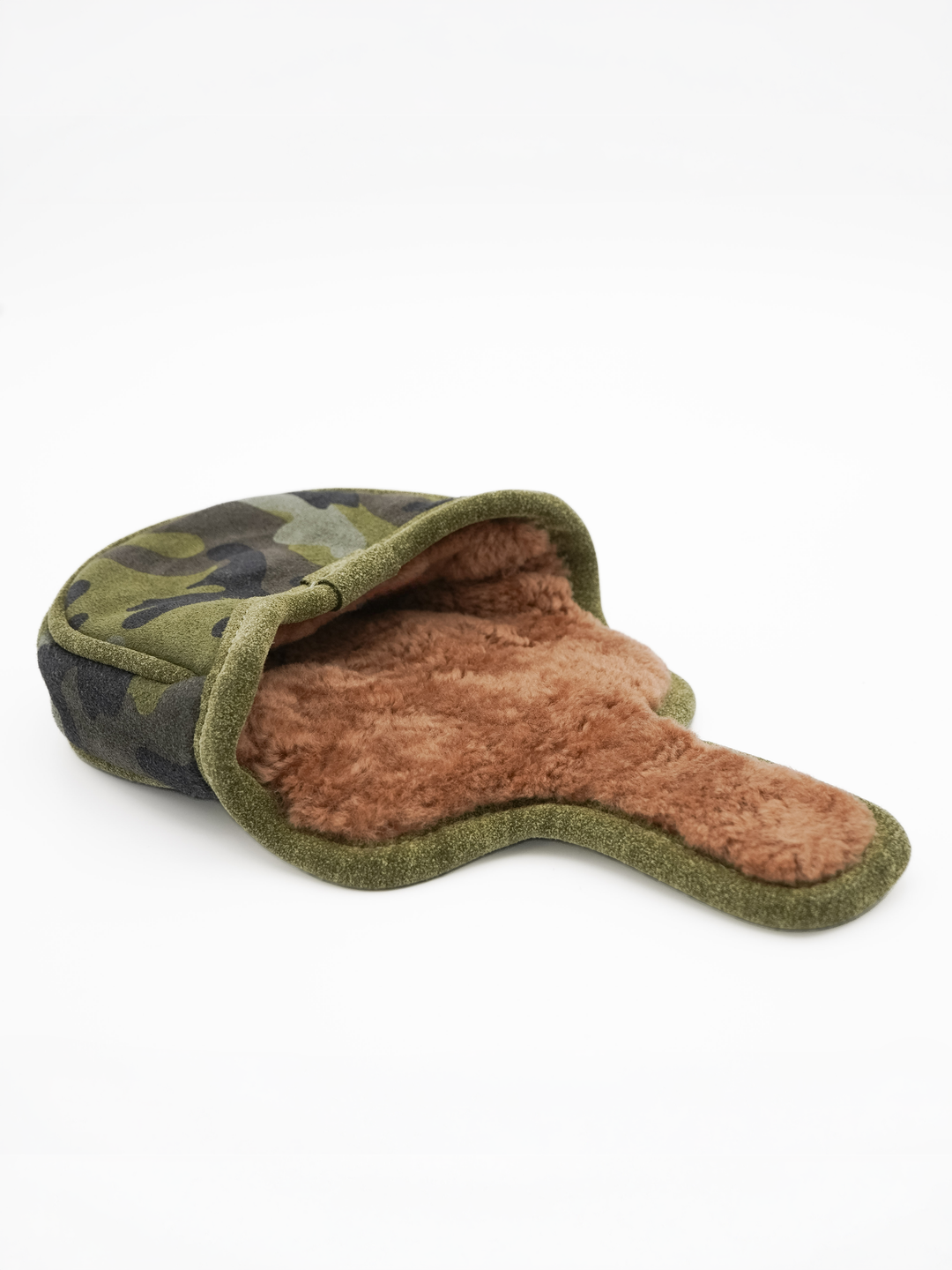 A novelty bootie-shaped pouch with a green camouflage exterior and a plush brown fleece interior, shown on a white background.