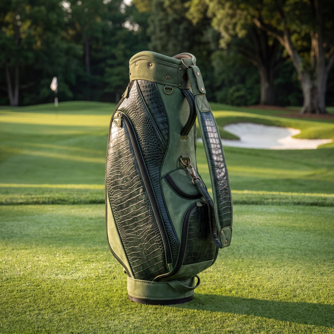 A green and black crocodile-embossed leather golf bag standing on a manicured golf course with trees and a sand bunker in the background.