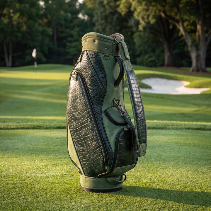 A green and black crocodile-embossed leather golf bag standing on a manicured golf course with trees and a sand bunker in the background.