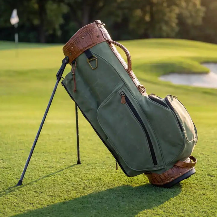 An olive green stand golf bag with brown leather trim and black zipper details, resting on a green golf course with its legs extended.
