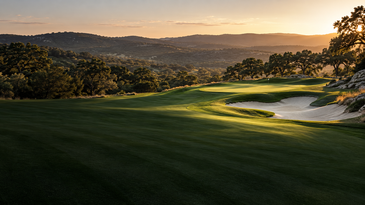 Sunlit fairway and putting green in a rolling golf landscape