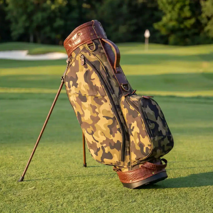 A golf stand bag with a brown and tan camouflage pattern and crocodile-embossed brown leather trim, standing on a golf course green.